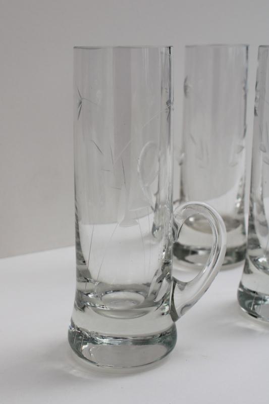 photo of vintage etched cut glass shooters, tall shot glasses w/ handles weighted bottom shots #3