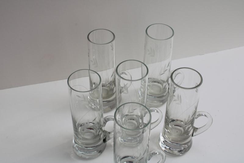 photo of vintage etched cut glass shooters, tall shot glasses w/ handles weighted bottom shots #4