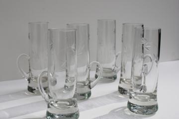 catalog photo of vintage etched cut glass shooters, tall shot glasses w/ handles weighted bottom shots