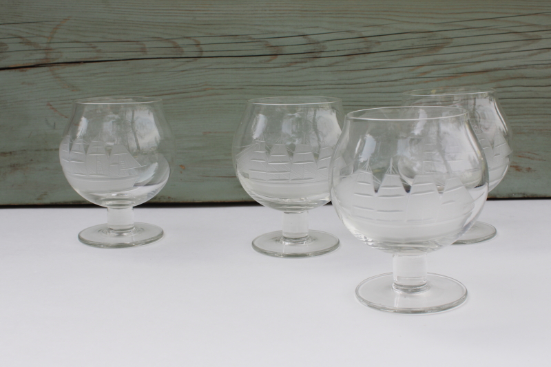 photo of vintage etched glass brandy glasses, Toscany clipper ship tall ships etch snifters #1