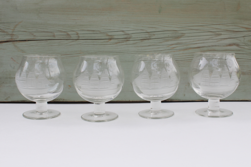 photo of vintage etched glass brandy glasses, Toscany clipper ship tall ships etch snifters #2