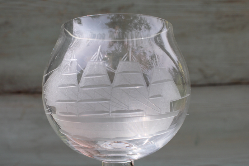 photo of vintage etched glass brandy glasses, Toscany clipper ship tall ships etch snifters #4