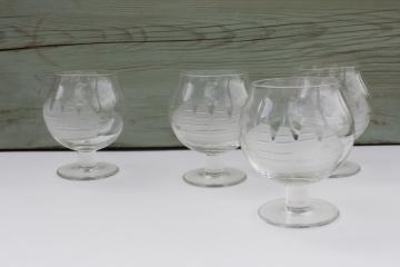 vintage etched glass brandy glasses, Toscany clipper ship tall ships etch snifters