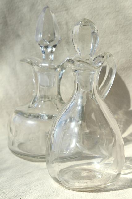 photo of vintage etched glass cruet bottles, mismatched cruets, oil & vinegar pitchers #1