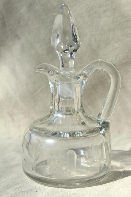 photo of vintage etched glass cruet bottles, mismatched cruets, oil & vinegar pitchers #4