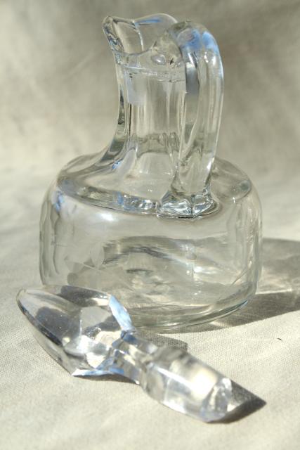 photo of vintage etched glass cruet bottles, mismatched cruets, oil & vinegar pitchers #6