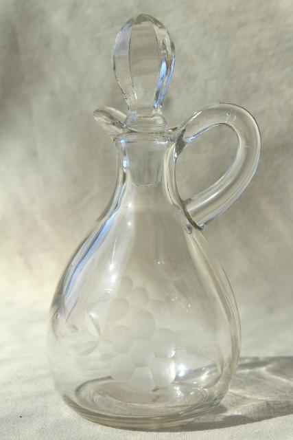 photo of vintage etched glass cruet bottles, mismatched cruets, oil & vinegar pitchers #9