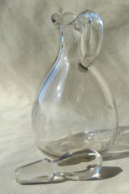 photo of vintage etched glass cruet bottles, mismatched cruets, oil & vinegar pitchers #11