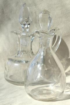 catalog photo of vintage etched glass cruet bottles, mismatched cruets, oil & vinegar pitchers