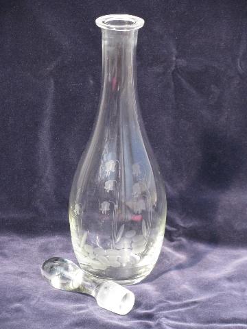 photo of vintage etched glass decanter bottle w/ ground stopper, columbines or lily of the valley #2