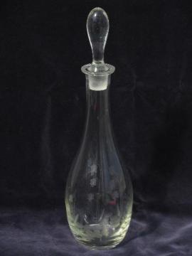 catalog photo of vintage etched glass decanter bottle w/ ground stopper, columbines or lily of the valley