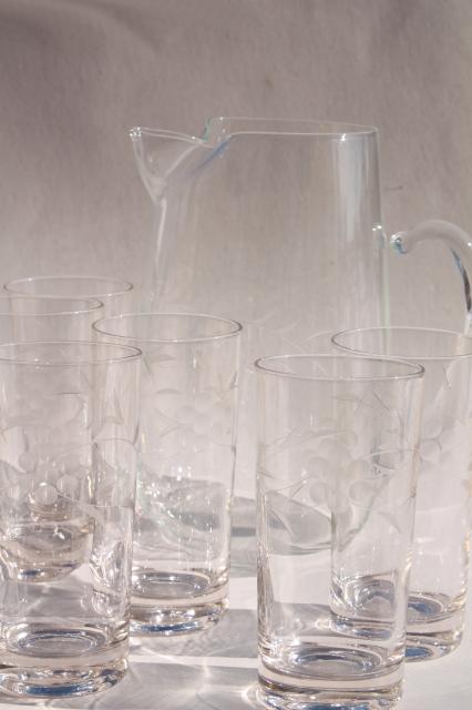 photo of vintage etched glass iced tea or lemonade set, pitcher & tall tumbler glasses #1