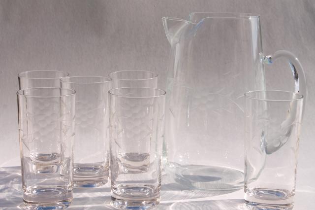 photo of vintage etched glass iced tea or lemonade set, pitcher & tall tumbler glasses #3