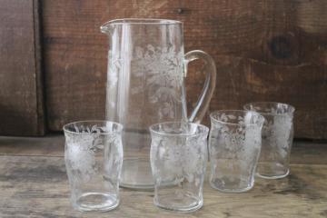 catalog photo of vintage etched glass pitcher & drinking glasses, wild rose floral etch