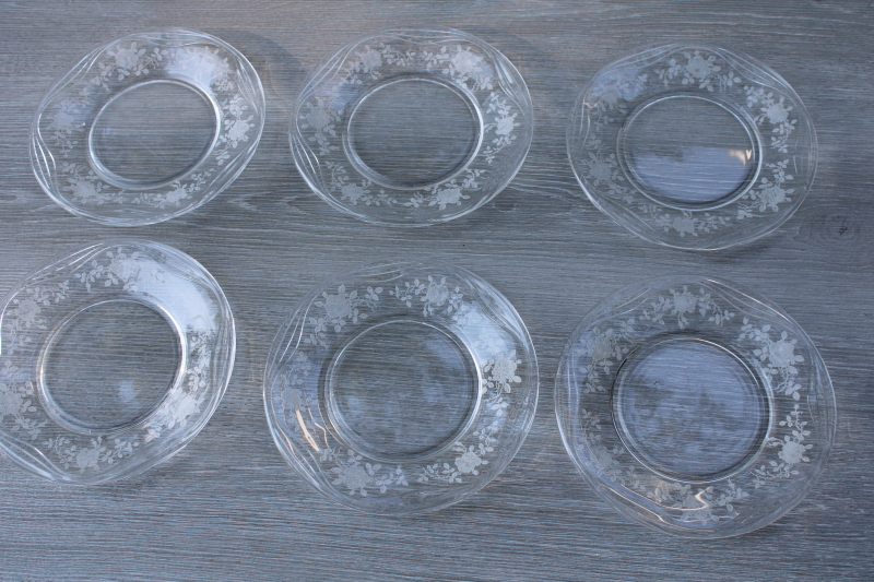 photo of vintage etched glass salad plates, Fostoria Willowmere roses floral elegant glass #1