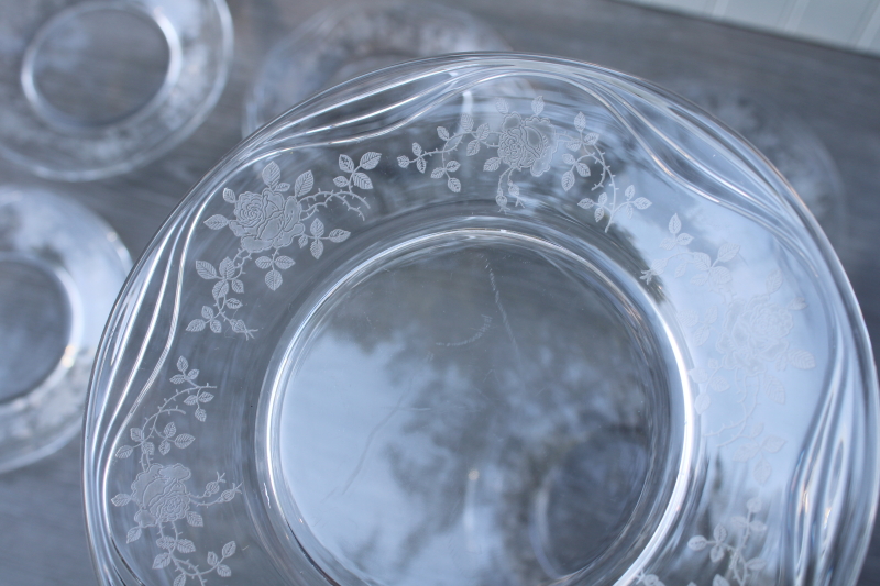 photo of vintage etched glass salad plates, Fostoria Willowmere roses floral elegant glass #2