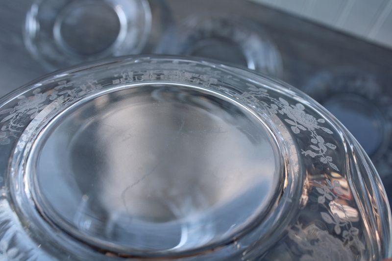 photo of vintage etched glass salad plates, Fostoria Willowmere roses floral elegant glass #4