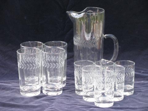 photo of vintage etched laurel wreath pattern pitcher and glasses in two sizes #1