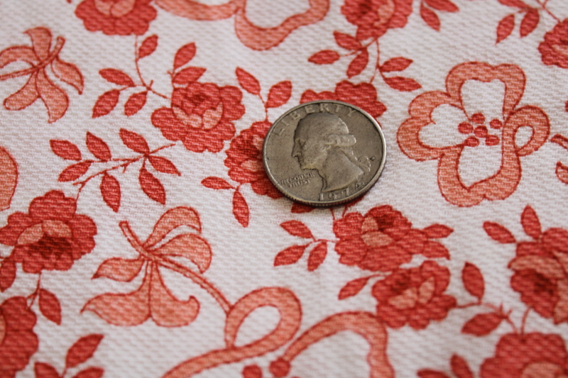 photo of vintage fabric, Crantex floral print textured cotton pique, coral red & white #2