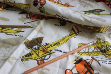 catalog photo of vintage fabric w/ biplanes early airplanes print, sturdy cotton duck fabric