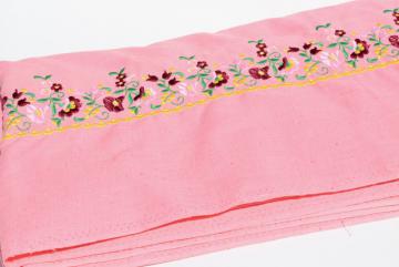 catalog photo of vintage fabric, embroidered border linen weave cotton, coral pink W/ folk art flowers embroidery