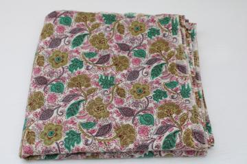 catalog photo of vintage fabric, fine smooth cotton lawn w/ Liberty style floral, olive, teal green, pink, smoke purple 