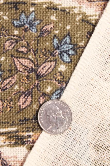 photo of vintage fabric, french country scenes toile style print linen weave in blue, olive green, flax #4