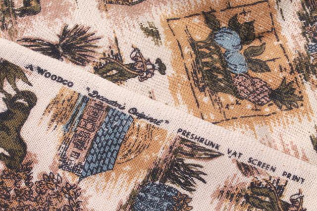 photo of vintage fabric, french country scenes toile style print linen weave in blue, olive green, flax #5