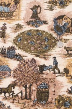 catalog photo of vintage fabric, french country scenes toile style print linen weave in blue, olive green, flax