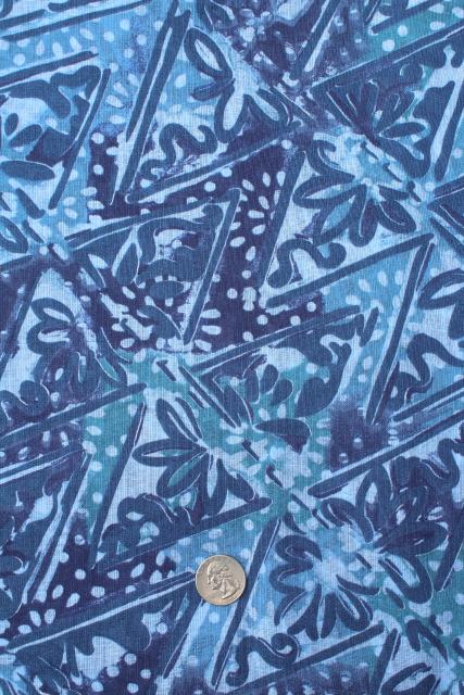 photo of vintage fabric lot, batik tropical ethnic prints shades of blue, cotton gauze & knit fabric #6