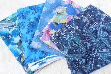 catalog photo of vintage fabric lot, batik tropical ethnic prints shades of blue, cotton gauze & knit fabric