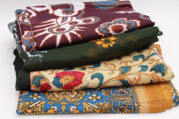 catalog photo of vintage fabric lot, ethnic tribal prints & patterns, bold colored cotton fabrics