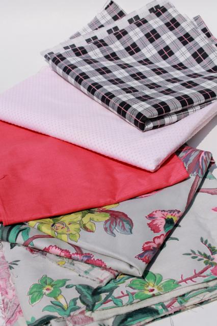 photo of vintage fabric lot of craft sewing quilting fabrics - plaid, floral on grey, pink #1