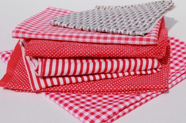 photo of vintage fabric lot of craft sewing quilting fabrics - red stripes, dotted swiss, gingham #1