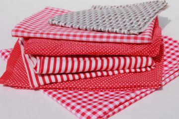 catalog photo of vintage fabric lot of craft sewing quilting fabrics - red stripes, dotted swiss, gingham