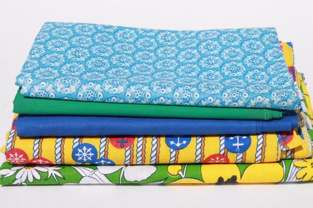 photo of vintage fabric lot of craft sewing quilting fabrics - retro nautical & flower prints, bright colors #8