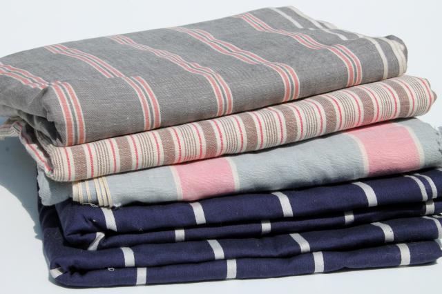 photo of vintage fabric lot, old work shirt & striped shirting, yards of shabby fabrics #1