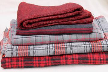 catalog photo of vintage fabric lot, plaid collection, red grey black wool blend plaids for sewing or rugs