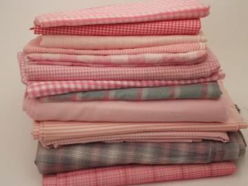 catalog photo of vintage fabric lot, retro pink & grey plaid, gingham, stripes