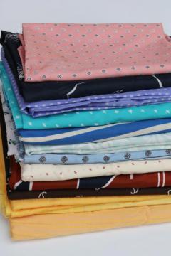 catalog photo of vintage fabric lot silky poly shirtings, lining fabrics - retro colors & prints!