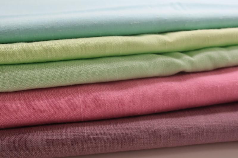 photo of vintage fabric lot, solid color pastels poly blend linen weave material nice for table linens #1