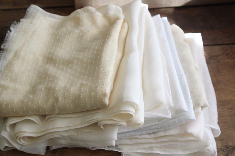 photo of vintage fabric lot, white & ivory sheer cotton remnants, dimity, organdy, dotted swiss #1