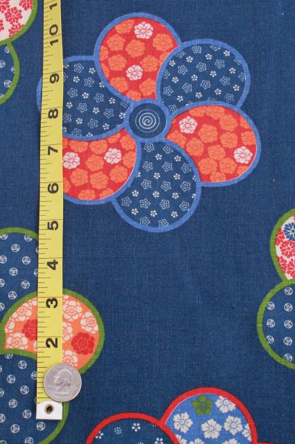 photo of vintage fabric, medium heavy cotton, traditional indigo blue w/ Japanese style floral  #3