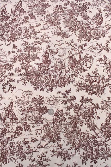 photo of vintage fabric, rustic country french style toile print brown transferware pastoral scenes #1