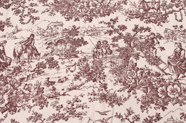 photo of vintage fabric, rustic country french style toile print brown transferware pastoral scenes #7