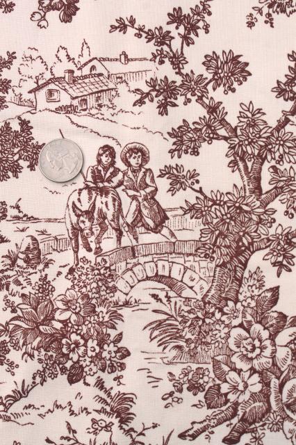 photo of vintage fabric, rustic country french style toile print brown transferware pastoral scenes #8