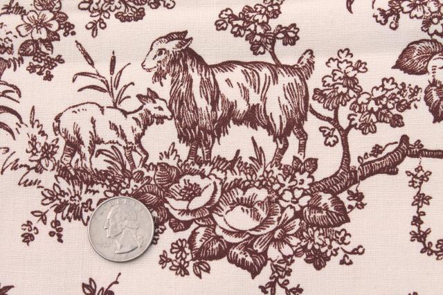 photo of vintage fabric, rustic country french style toile print brown transferware pastoral scenes #9