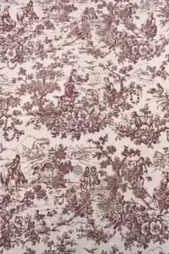 catalog photo of vintage fabric, rustic country french style toile print brown transferware pastoral scenes