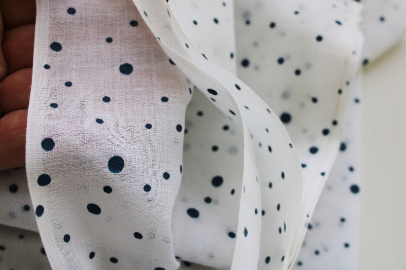 photo of vintage fabric, semi sheer cotton crepe, small print navy dots on white #2