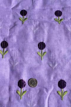 catalog photo of vintage fabric, sheer fine cotton voile deep lavender w/ embroidered flowers